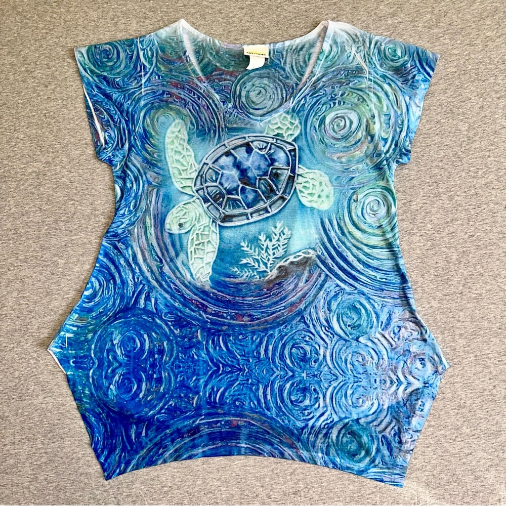 Sunshirt Vintage Sea Turtle Starry Night Graphic Tunic Top Women’s XL Blue Y2K